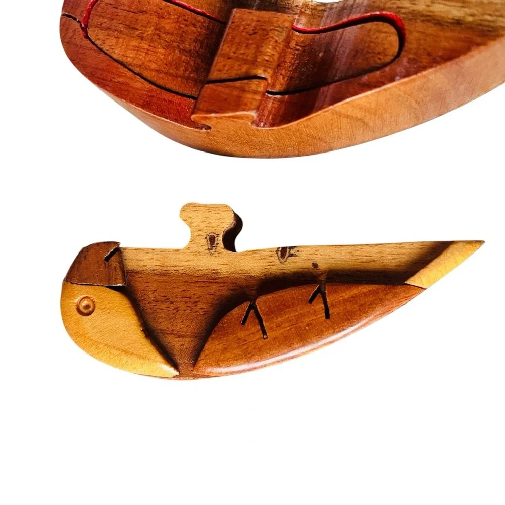 Vintage Wooden Puzzle Trinket Box Love Birds Parrot Hand Carved Artisan Folkart